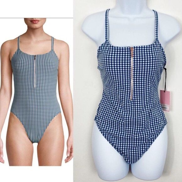 Juicy Couture WMNS L Blue Gingham One Piece Zip Up Swimsuit Open Back Classic - Picture 3 of 11